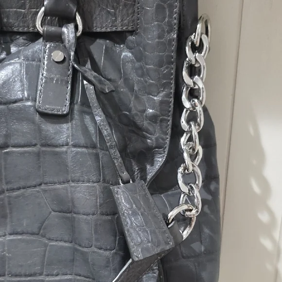 Michael Kors Dillon  Gray Crocodile-Embossed Large Shoulder Bag Satchel - Picture 7 of 14